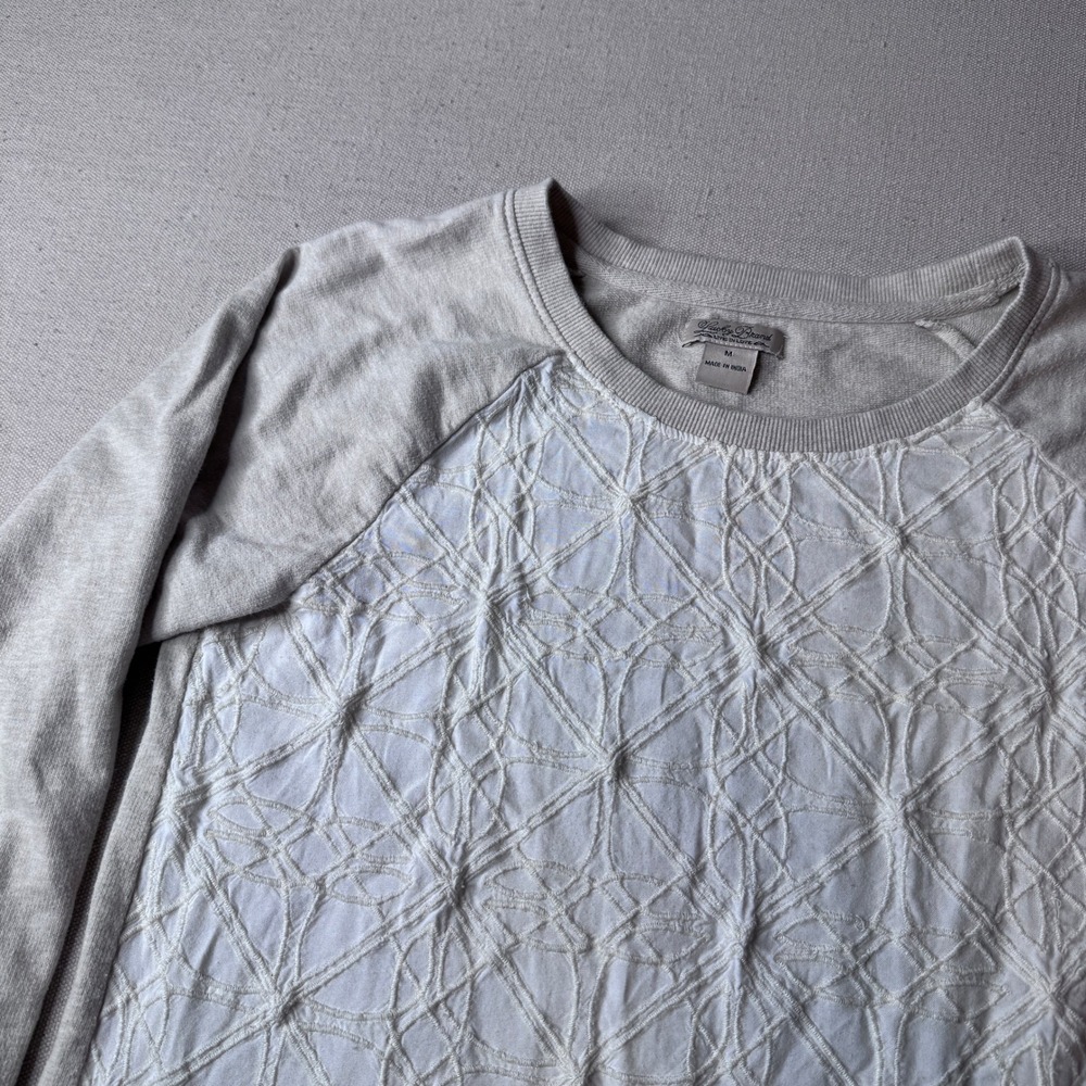Lucky Brand Boho Embroidered Lace Sweatshirt Oatmeal Pullover Top Women's Medium